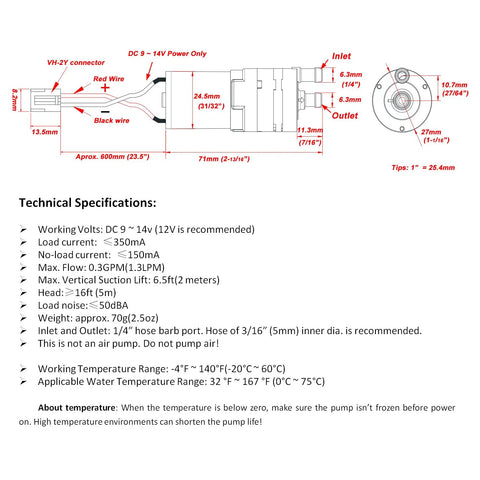 Diagram showing the technical specifications and measurements of the 12V DC Mini Food Grade Self Priming Diaphragm Water Transfer Pump One Point Three Liters Per Minute For Ice Makers Coffee Machines And Water Dispensers Replacement Pump With Inlet And Outlet Hose Barb Ports.