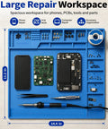 Premium Grade All Purpose Silicone Soldering Mat Delivers Heavy Duty Heat Blocking Up To 932 Degrees Fahrenheit For Zero Drama Phone Pc Circuit Board Repair Setup shown with tools and parts.