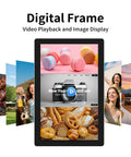 Digital frame displaying video playback and image display with colorful backgrounds and pastries, camera, and people photos