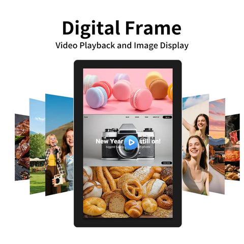 Digital frame displaying video playback and image display with colorful backgrounds and pastries, camera, and people photos