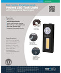 Rechargeable Slim LED Work Light With Clip On Pocket Flashlight shown with features and specifications.