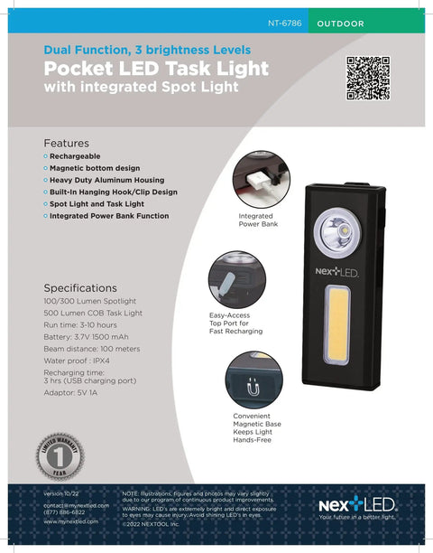 Rechargeable Slim LED Work Light With Clip On Pocket Flashlight shown with features and specifications.