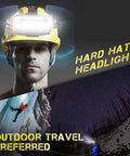 Rechargeable LED Headlamp 1800 Lumen Beast Bright With COB Flood Light mounted on a hard hat in outdoor setting