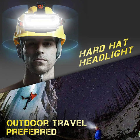 Rechargeable LED Headlamp 1800 Lumen Beast Bright With COB Flood Light mounted on a hard hat in outdoor setting