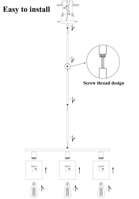 Installation diagram of Rustic Industrial 3 Light Pendant Chandelier With Clear Glass Shades In Gold Finish Dope Modern Farmhouse Ceiling Fixture