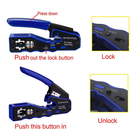 Pass Through Crimp Tool For Cat5e Cat6 Cat6a Ethernet 8P8C Modular Connectors one handed compact cutter with lock mechanism