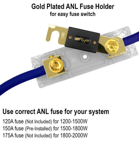 Gold plated ANL fuse holder with 4 Gauge 100 Percent Oxygen Free Copper OFC Amplifier Wiring Kit for car audio system