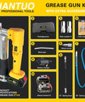 Cordless 12000 PSI Grease Gun Kit with dual batteries, charger, 39 inch hose, quick release coupler, rigid extension pipe, accessories.