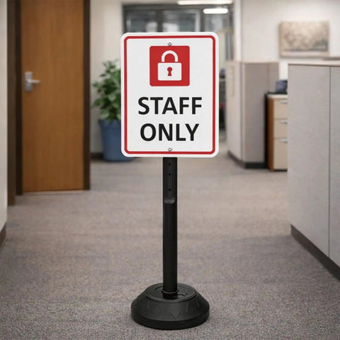 Workhorse 6 Pack Heavy Duty Sign Stands With Water Filled Base 41 Inch Adjustable Portable Sign Post Holders For Indoor Outdoor Display Safe Parking Store Warehouse And Commercial Use staff only sign in office hallway