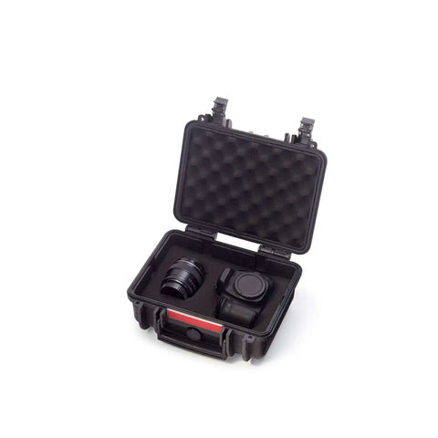 Kickass Hard Camera Case Featuring Smooth Side Handles And Custom Foam Dividers For Dslr Gear Transport with camera and lens inside.