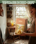 Pressed Flower Table Lamp With Gift Box Set in cozy room, featuring cottagecore boho rustic night light for bedroom living room office.