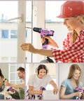 12V Pink Cordless Drill Kit With Battery And Charger used for DIY projects, showing keyless chuck and LED work light in action.