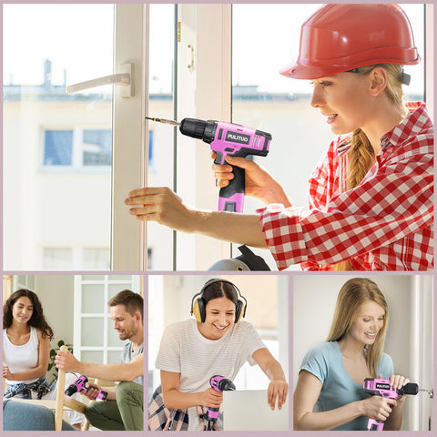 12V Pink Cordless Drill Kit With Battery And Charger used for DIY projects, showing keyless chuck and LED work light in action.
