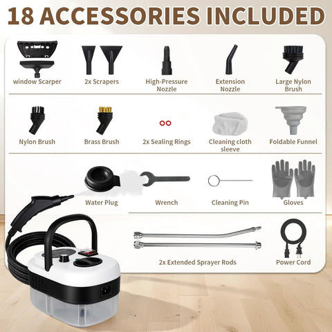 Negom Handheld Steam Cleaner High Pressure 2500W Portable Carpet & Grout Cleaner with 18 included steam cleaning accessories.