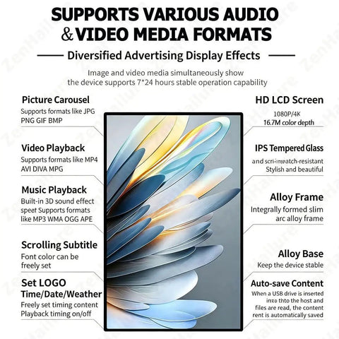 Top Shelf 15.6 Inch Wall Mount Digital Advertising Media Player Display With Crisp 4K Ultra HD Output Slick Tempered Glass Cover And Straight Up Heavy Duty Commercial Signage Rig For Retail Stores Or Offices with diverse media format support.