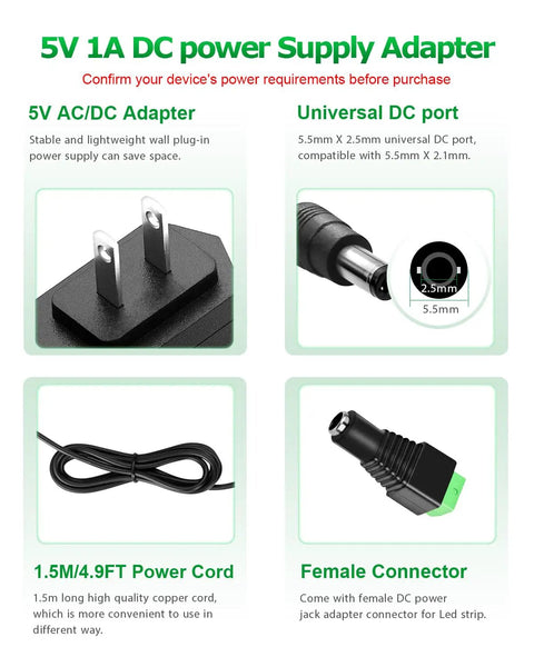 5V 1A Power Supply Adapter Universal AC To DC Charger 5W Center Positive With 8 Tip Plugs For Security Cameras, Baby Monitors, Graco Swing, TV Boxes, Raspberry Pi And More, 1.5m cord