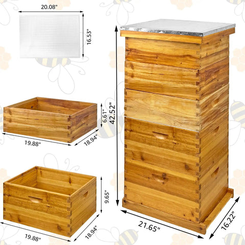 Five-Layer Langstroth Beehive Kit Plug-N-Play With Two Deep Breeding Boxes, dimensions shown