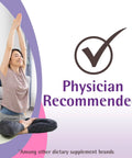 Woman practicing yoga beside 'Physician Recommended' text with a checkmark icon.