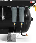 Side view of Beefy 20HP Rotary Screw Air Compressor With Dryer And 105 Gallon ASME Tank, 78 CFM At 116 PSI, 230V 3-Phase, showing filters and connections.