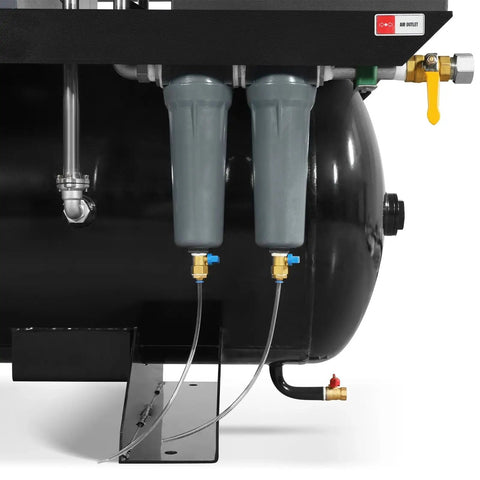 Side view of Beefy 20HP Rotary Screw Air Compressor With Dryer And 105 Gallon ASME Tank, 78 CFM At 116 PSI, 230V 3-Phase, showing filters and connections.