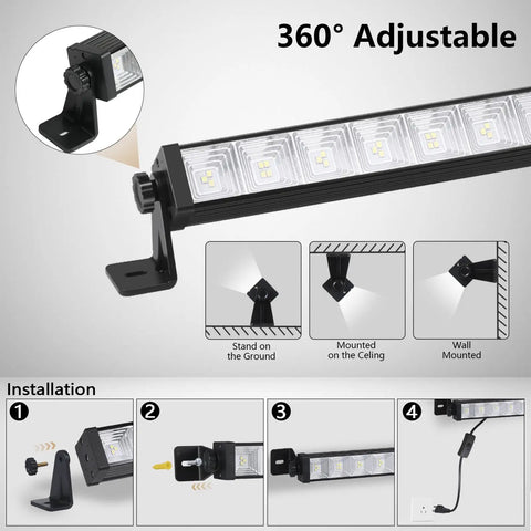 Diagram of Crazy Bright 24W LED Shop Lights 5400 Lumens 6000K with installation steps and adjustable mount.