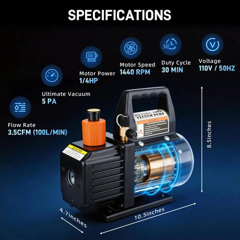 Heavy Duty Workhorse Hvac Vacuum Pump Pushing 3.5 Cfm Single Stage Torque for quick AC vent evacuation specifications.