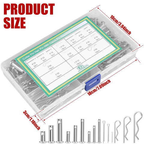 Premium 304 Stainless Steel Clevis Pin And Cotter Pin Kit Heavy Duty 122 Pieces storage box with product dimensions and sizes