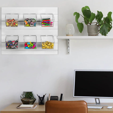 Six Clear Slatwall Bins With Integrated Hooks Mount Hanging Organizer 5.1 x 5.1 x 5.1 Inch for Workshop Garage Office Craft Room