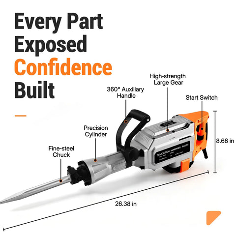 Professional Electric Jack Hammer Pumping 3500W Real Kick And 3000BPM Thumping Impact with precision cylinder and 360° handle.