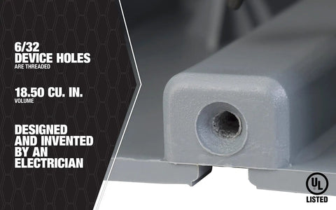 Close-up of MSB1G One Gang Device Box With Depth Adjustable Heavy Duty PVC Construction 42lb Capacity Gray, focus on mount hole