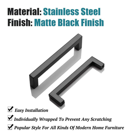 6 Pack Matte Black Stainless Steel Kitchen Cabinet Door Handles With Five Inch Center To Center Spacing And Five And One Half Inch Overall Length One Half Inch Width Fits Twelve To Forty Millimeter Door Thickness Drawer Pulls For Cabinets And Dressers, showing two handles on white background