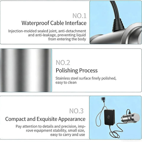 Portable Ultrasonic Cleaner With 40KHz Frequency And 5 Minute Timer showing waterproof cable interface and polished stainless steel.