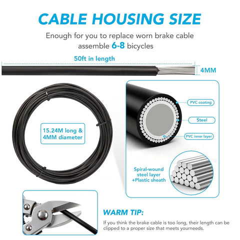 Diagram showing 4mm by 50ft lined bicycle shift cable housing for derailleur and shifter, high tensile steel wire, black.