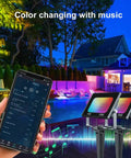 10W RGBIC Lit Color Changing Landscape Light With App And Remote Control by pool, music sync visible on phone, outdoor lights on lawn