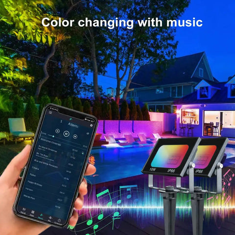 10W RGBIC Lit Color Changing Landscape Light With App And Remote Control by pool, music sync visible on phone, outdoor lights on lawn
