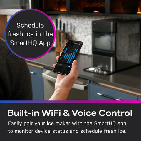 Person using smartphone app to connect with Countertop Nugget Ice Maker With WiFi Connectivity For Smart Home Kitchens Fast Chewy Ice On Tap Black Stainless Finish Compact Ice Machine Perfect For Drinks And Entertaining