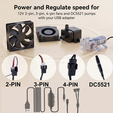 12V PC Fan Speed Controller With USB Power And 5V To 12V Stepless Voltage Control For Silent Yet Powerful Cooling connectors and cables