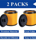 Two Pack Standard Cartridge Filter And Retainer Kit For 5 To 20 Gallon Wet Dry Vacuums Compatible With Vacmaster VCFS And Hart Shop Vacs Universal Fit Across Most 5 To 20 Gallon Vacuums, showing premium material filters with retainer.