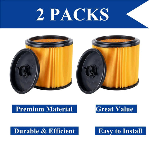 Two Pack Standard Cartridge Filter And Retainer Kit For 5 To 20 Gallon Wet Dry Vacuums Compatible With Vacmaster VCFS And Hart Shop Vacs Universal Fit Across Most 5 To 20 Gallon Vacuums, showing premium material filters with retainer.
