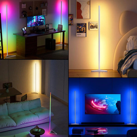 Smart RGB Corner Floor Lamp With App And Remote, 16 Million Colors, 68 Scene Modes, illuminating colorful living room, bedroom, and gaming setups