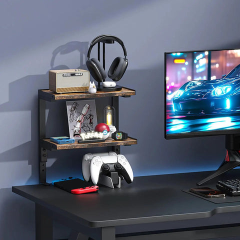 Expandable Under Desk Storage 2 Tier Shelf Clamp On Desk Organizer for office study room and game room wood construction space saver