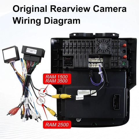 Rearview camera wiring diagram for 9.7 Inch Car Radio Upgrade Dash Kit For Dodge Ram 2013-2018, Android 13 system.