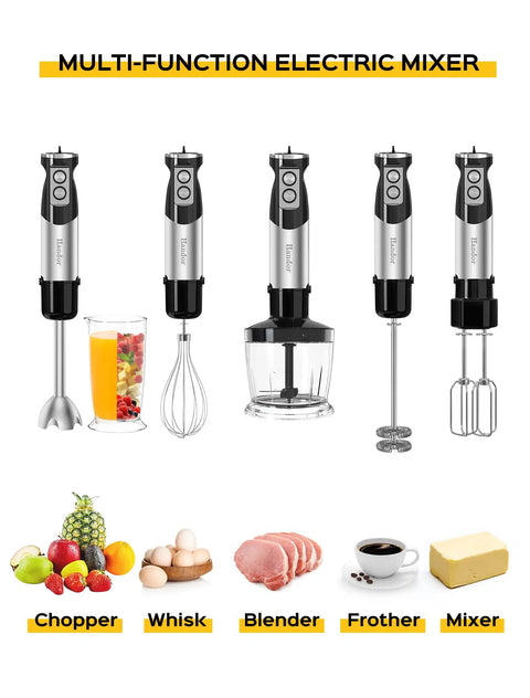 Six In One Immersion Blender With 1000W Motor And 12 Speed Settings Includes 600ml Beaker And 500ml Chopper Egg Whisk Milk Frother And Stainless Steel Blades For Smoothies Soups And Purees