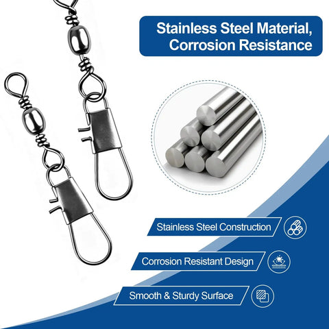 No More Line Twists With Ball Bearing Fishing Swivels, Anti Tangling Design With 360 Rotation, Quick Connect Safety Snaps, Saltwater And Freshwater Ready, 200 Pack For Smooth Casting And Trouble Free Retrieval, stainless steel