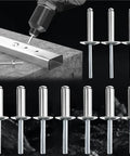 Heavy Duty Aluminum Blind Rivets Set 60 Pc 25mm Large Flange Pop Rivets for Metal Projects, shown with installation tool.