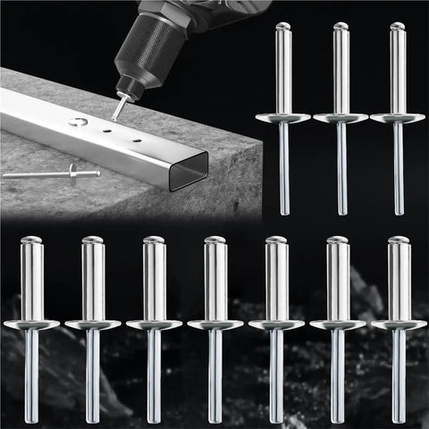 Heavy Duty Aluminum Blind Rivets Set 60 Pc 25mm Large Flange Pop Rivets for Metal Projects, shown with installation tool.