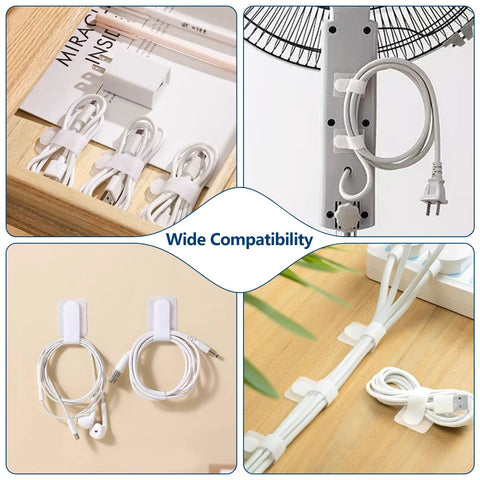 50 Pack Hook And Loop Cable Ties For Under Desk Cable Management with Self Adhesive Clips for TV, PC, Laptop, Ethernet Cables, White