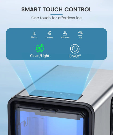 Smart touch control panel of Countertop Nugget Ice Maker With Auto Water Refill displaying functions and settings.