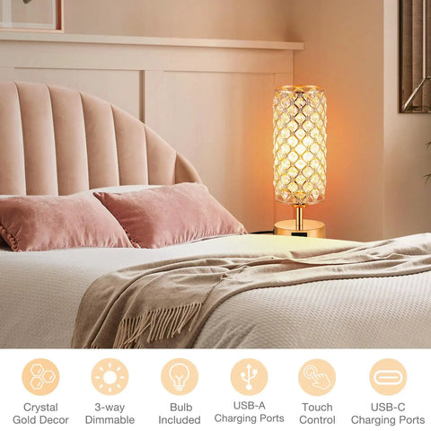 Touch Control Crystal Bedside Lamp With USB Ports, Dimmable 3 Way Gold Nightstand Light for Bedroom, bulb on nightstand