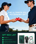 Couple exchanging gift box with Magnetic Golf Cart Phone Holder With Dual Sided MagSafe Mount, ideal golf accessory.